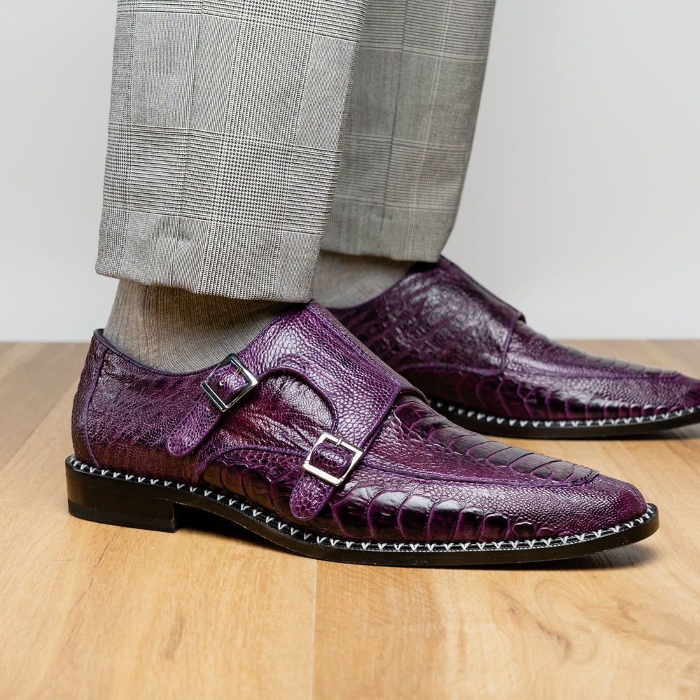 Genuine Ostrich Leg Double Monk Strap Shoes Napoli Purple