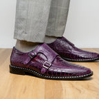 Genuine Ostrich Leg Double Monk Strap Shoes Napoli Purple