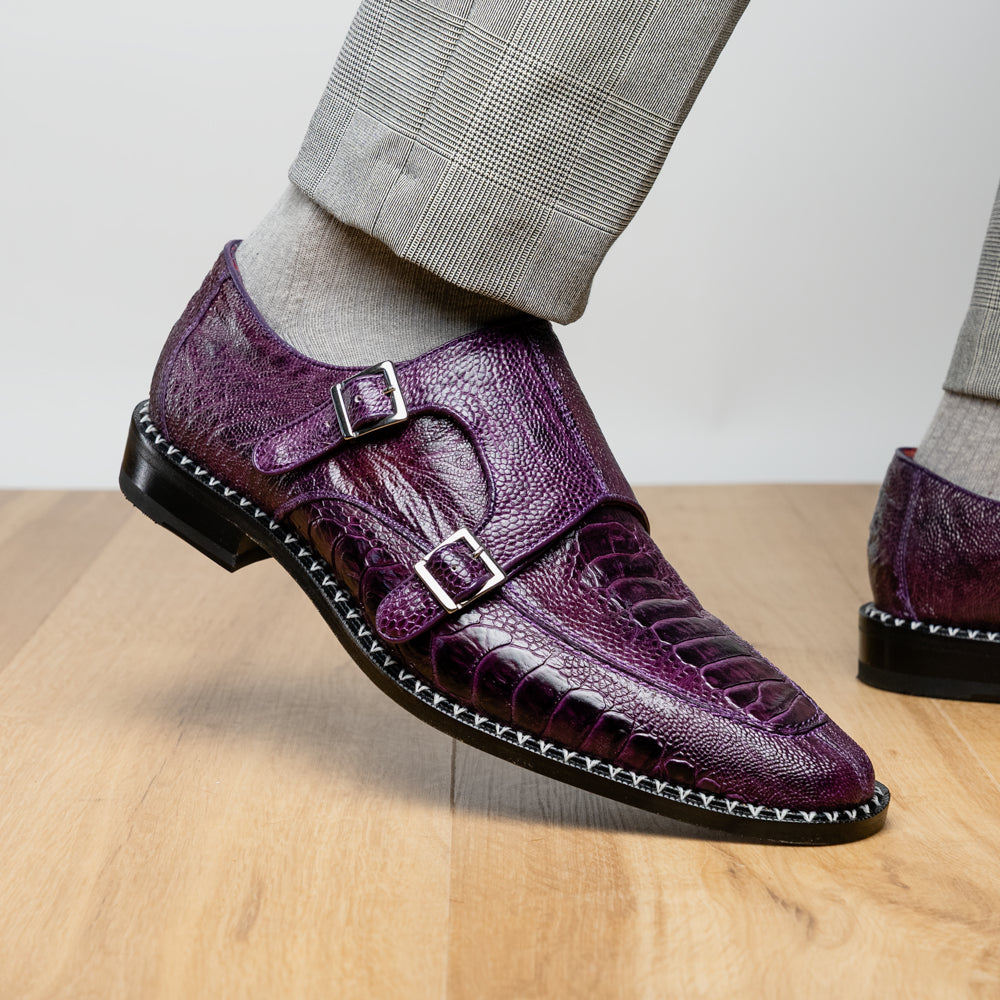 Genuine Ostrich Leg Double Monk Strap Shoes Napoli Purple