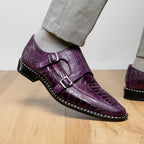 Genuine Ostrich Leg Double Monk Strap Shoes Napoli Purple