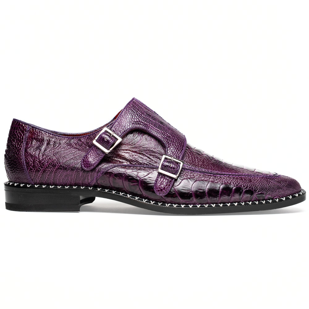 Genuine Ostrich Leg Double Monk Strap Shoes Napoli Purple