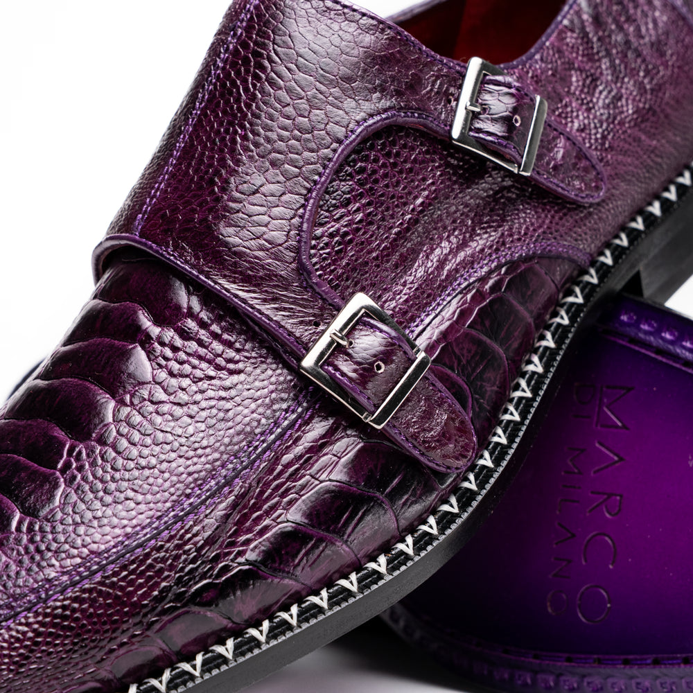 Genuine Ostrich Leg Double Monk Strap Shoes Napoli Purple