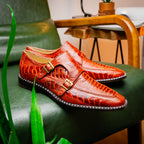 Genuine Ostrich Leg Double Monk Strap Shoes Napoli Rustic Cognac