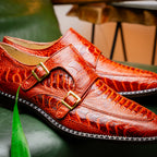 Genuine Ostrich Leg Double Monk Strap Shoes Napoli Rustic Cognac