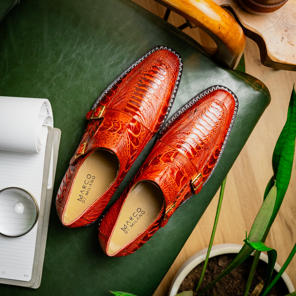Genuine Ostrich Leg Double Monk Strap Shoes Napoli Rustic Cognac
