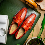 Genuine Ostrich Leg Double Monk Strap Shoes Napoli Rustic Cognac
