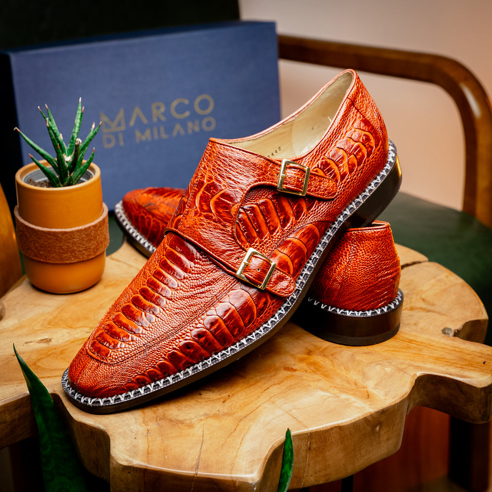 Genuine Ostrich Leg Double Monk Strap Shoes Napoli Rustic Cognac
