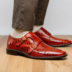 Genuine Ostrich Leg Double Monk Strap Shoes Napoli Rustic Cognac