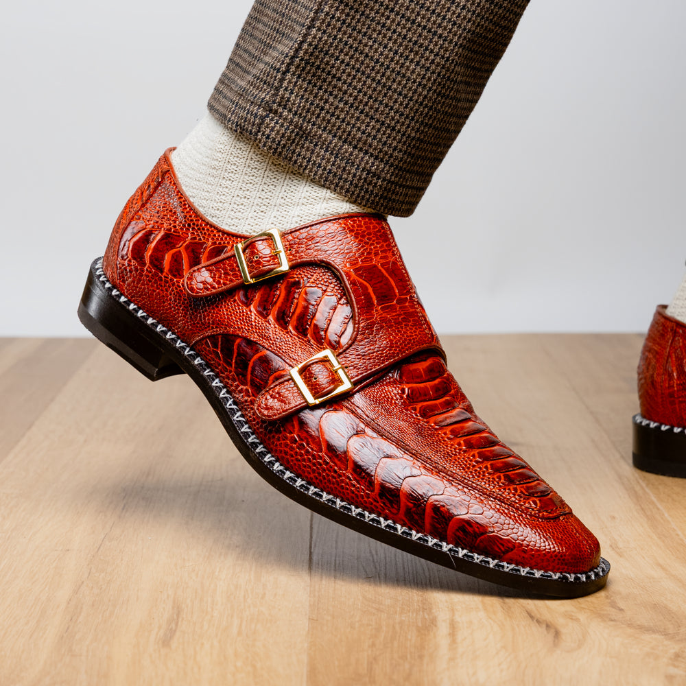 Genuine Ostrich Leg Double Monk Strap Shoes Napoli Rustic Cognac