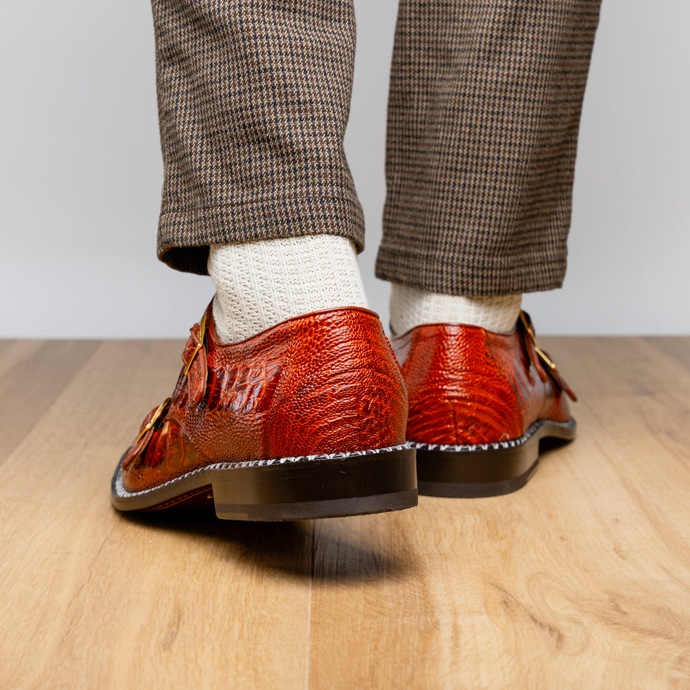Genuine Ostrich Leg Double Monk Strap Shoes Napoli Rustic Cognac