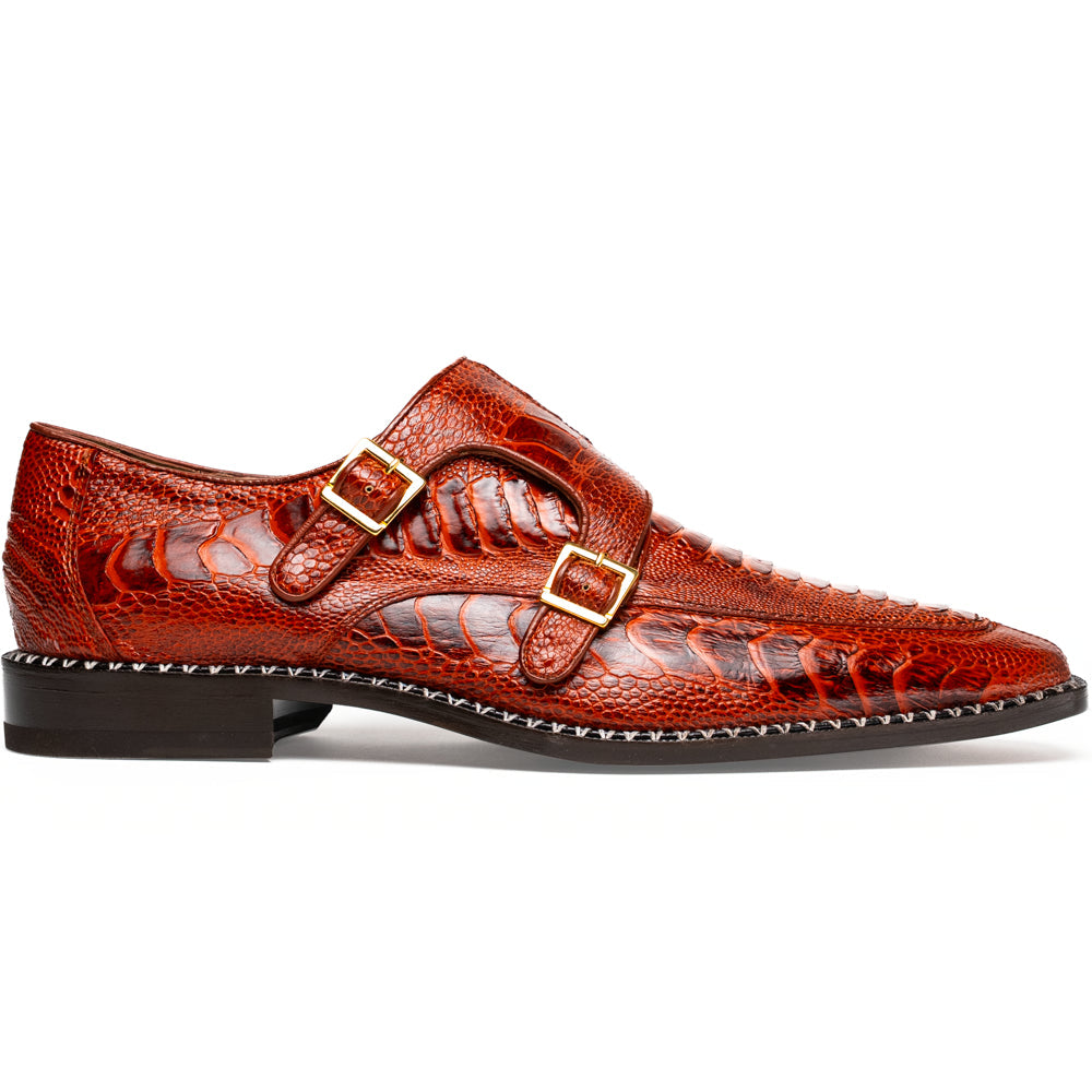 Genuine Ostrich Leg Double Monk Strap Shoes Napoli Rustic Cognac