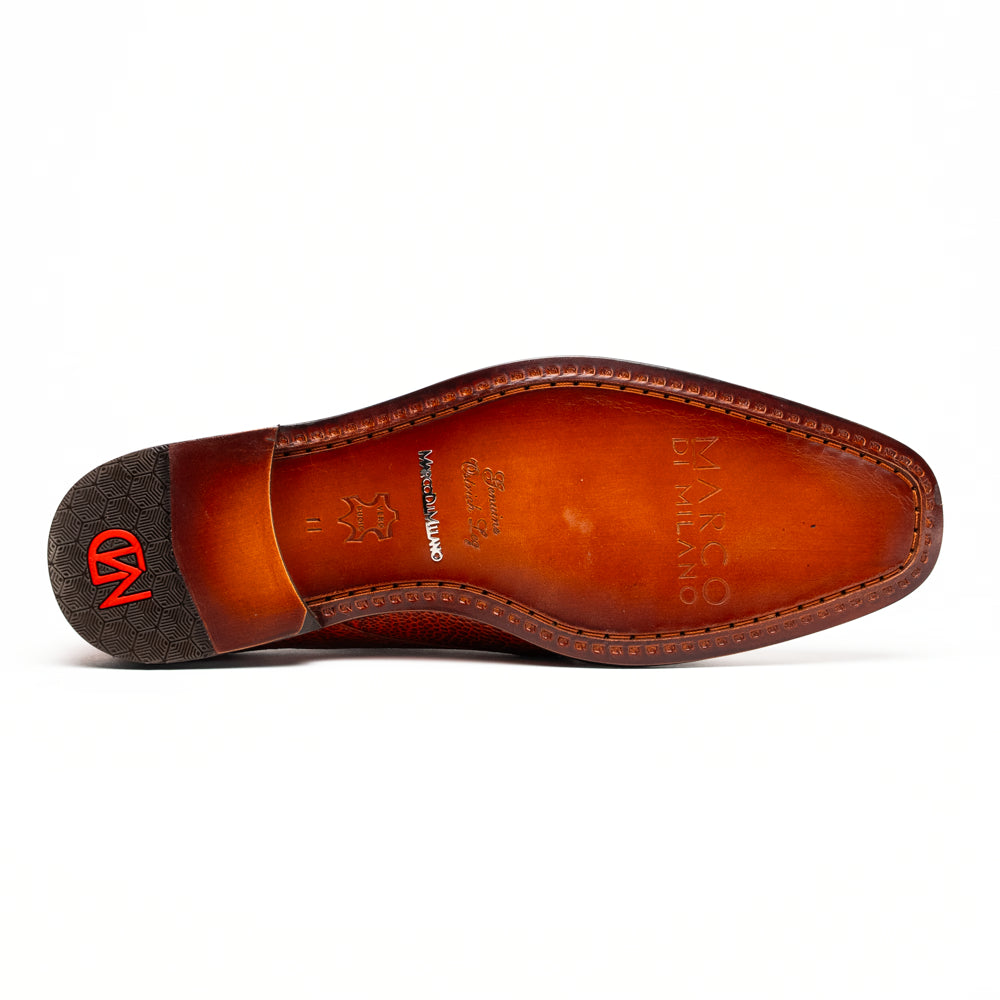 Genuine Ostrich Leg Double Monk Strap Shoes Napoli Rustic Cognac