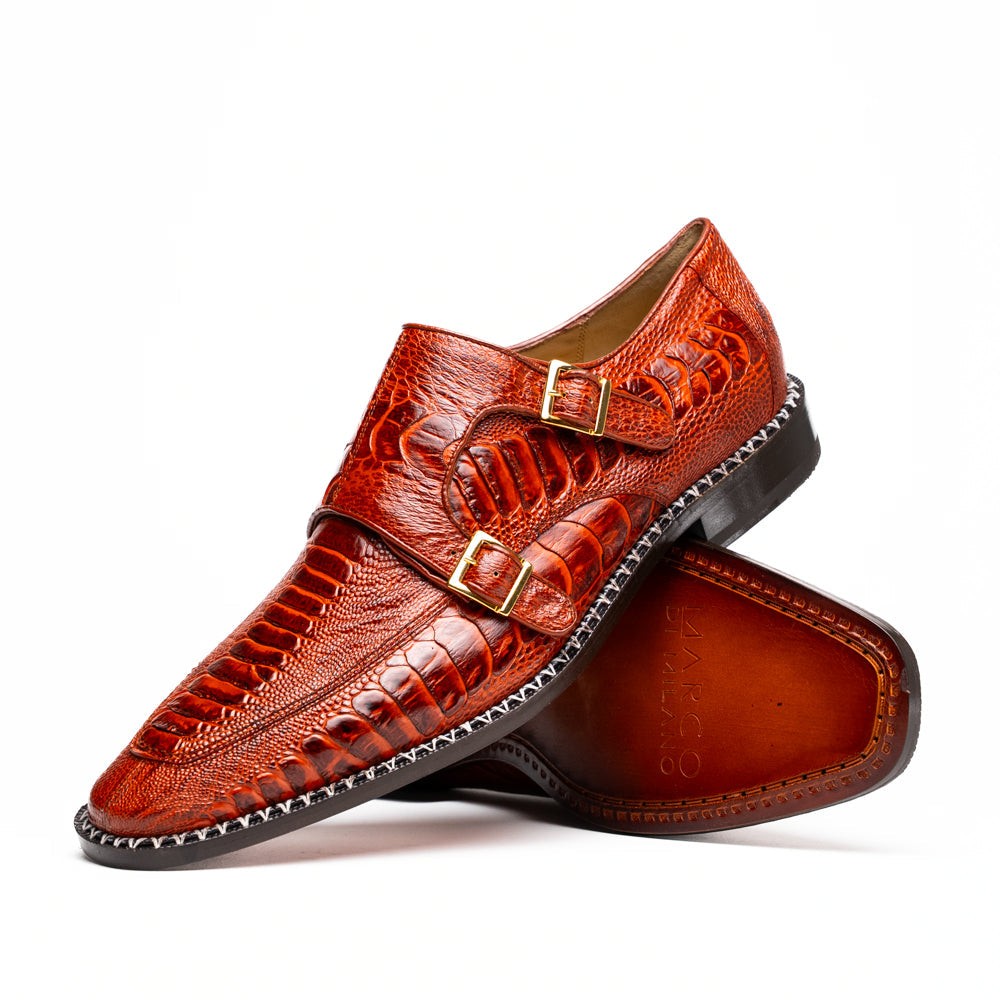 Genuine Ostrich Leg Double Monk Strap Shoes Napoli Rustic Cognac