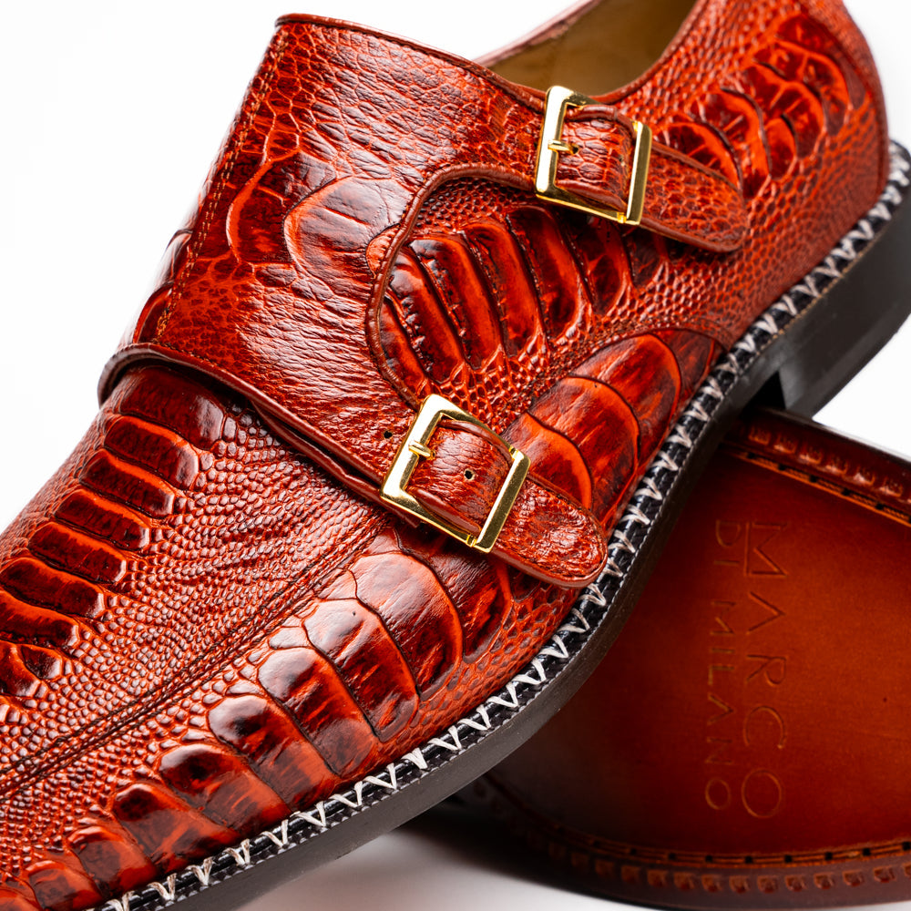 Genuine Ostrich Leg Double Monk Strap Shoes Napoli Rustic Cognac