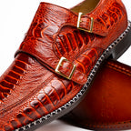 Genuine Ostrich Leg Double Monk Strap Shoes Napoli Rustic Cognac