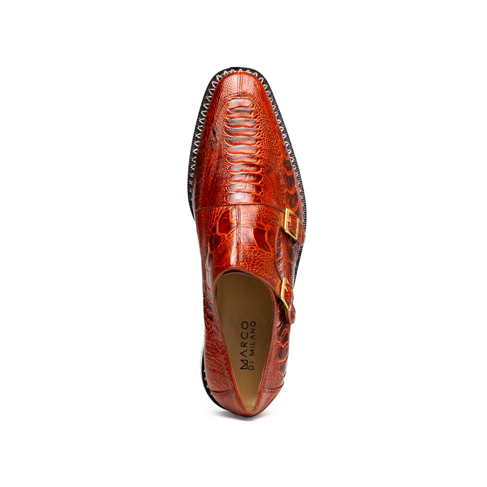 Genuine Ostrich Leg Double Monk Strap Shoes Napoli Rustic Cognac