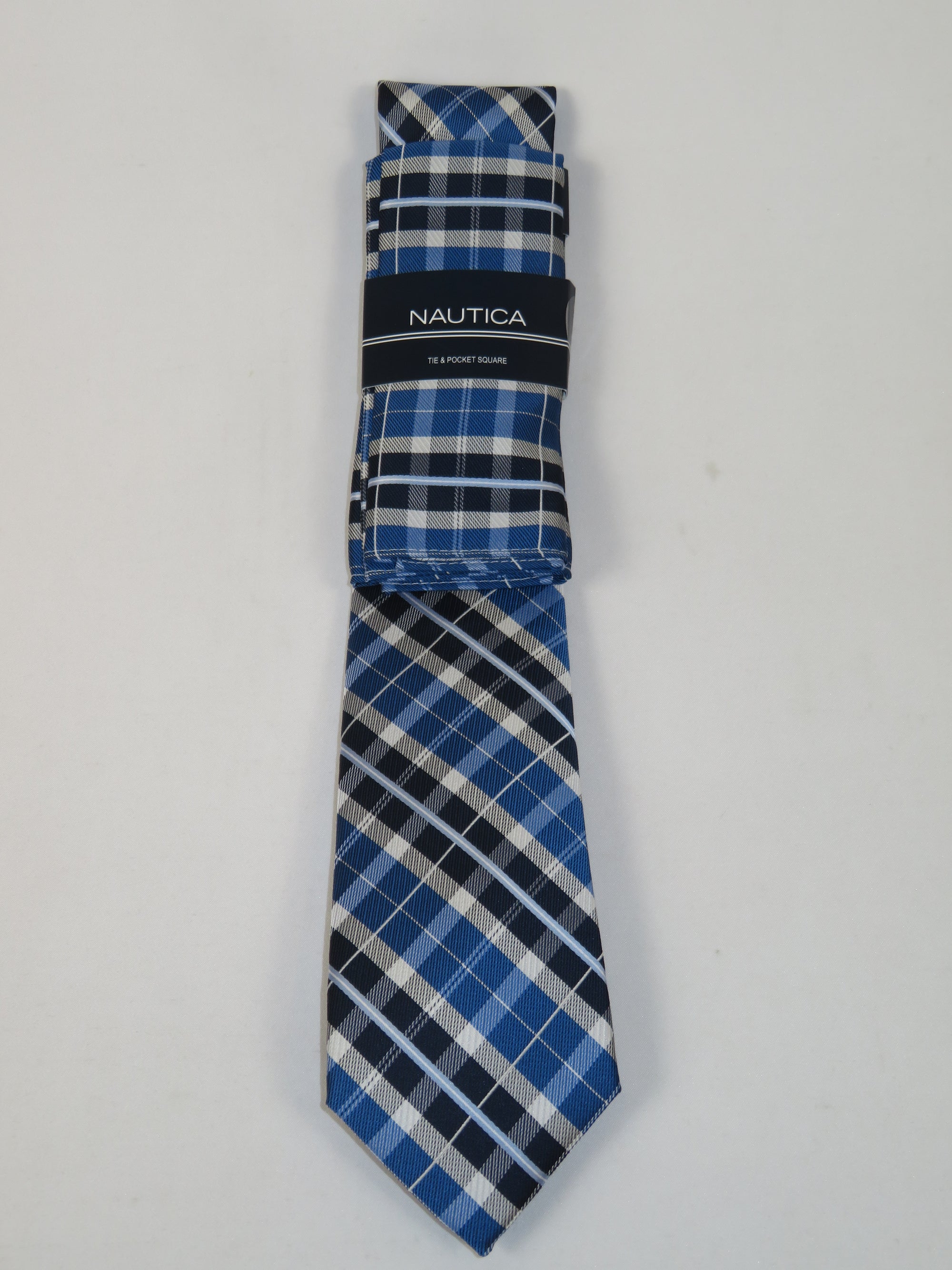 Men's  Nautica Tie and Hankie Set Woven Silky Feel #Nautica-5 Blue Checkers