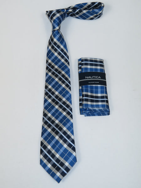 Men's  Nautica Tie and Hankie Set Woven Silky Feel #Nautica-5 Blue Checkers