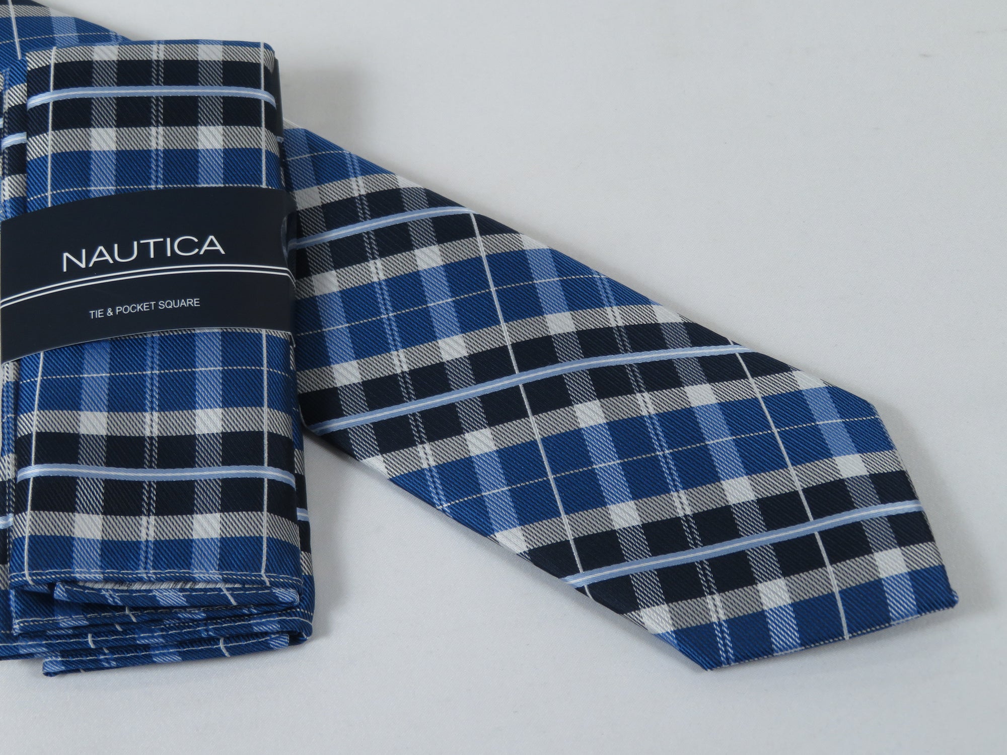Men's  Nautica Tie and Hankie Set Woven Silky Feel #Nautica-5 Blue Checkers