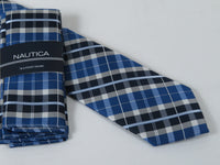 Men's  Nautica Tie and Hankie Set Woven Silky Feel #Nautica-5 Blue Checkers