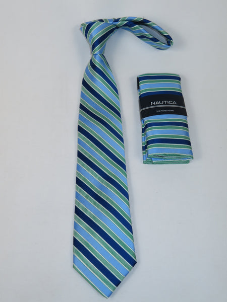 Men's  Nautica Tie and Hankie Set Woven Silky Feel #Nautica-7 Green Blue