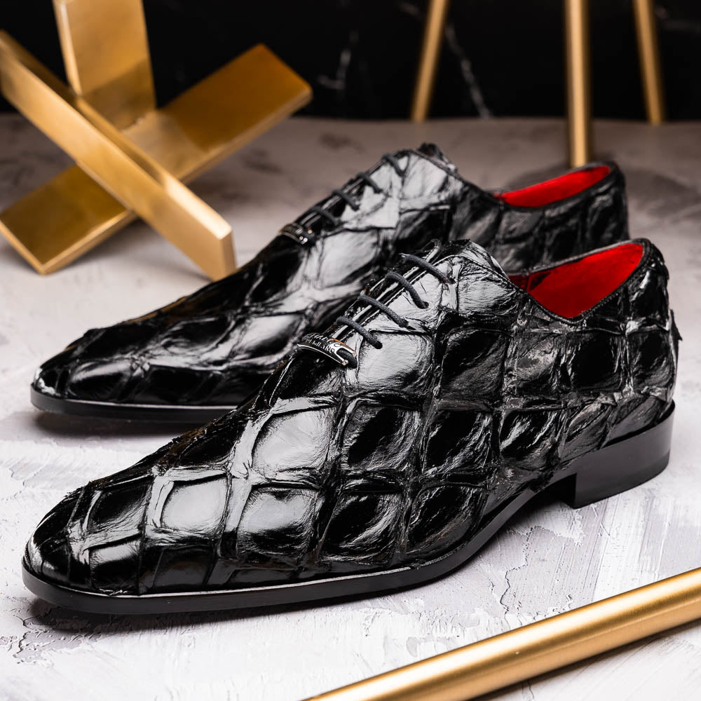 Marco Di Milano Genuine Pirarucu Exotic Lace-Up Oxford Shoes Olivieri Black