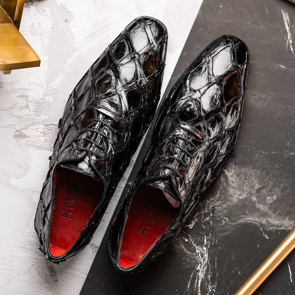 Marco Di Milano Genuine Pirarucu Exotic Lace-Up Oxford Shoes Olivieri Black