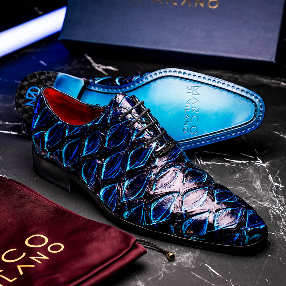 Marco Di Milano Genuine Pirarucu Exotic Lace-Up Shoes Olivieri Royal Blue