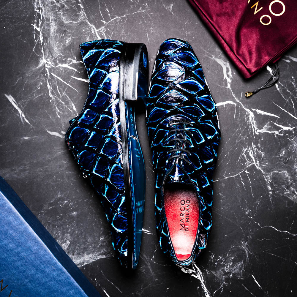 Marco Di Milano Genuine Pirarucu Exotic Lace-Up Shoes Olivieri Royal Blue