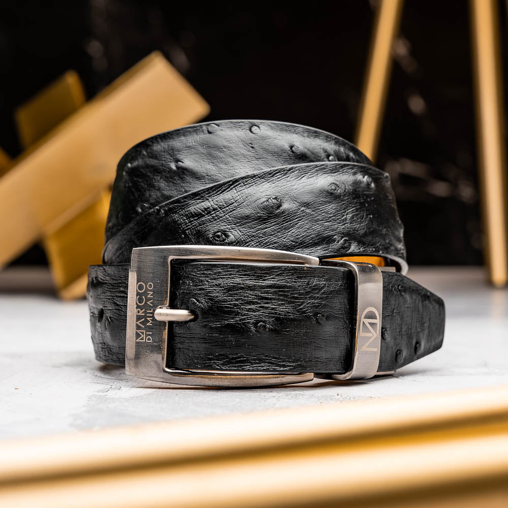Domenico Men's Exotic Strich Dressy Adjustable Size Belt Black