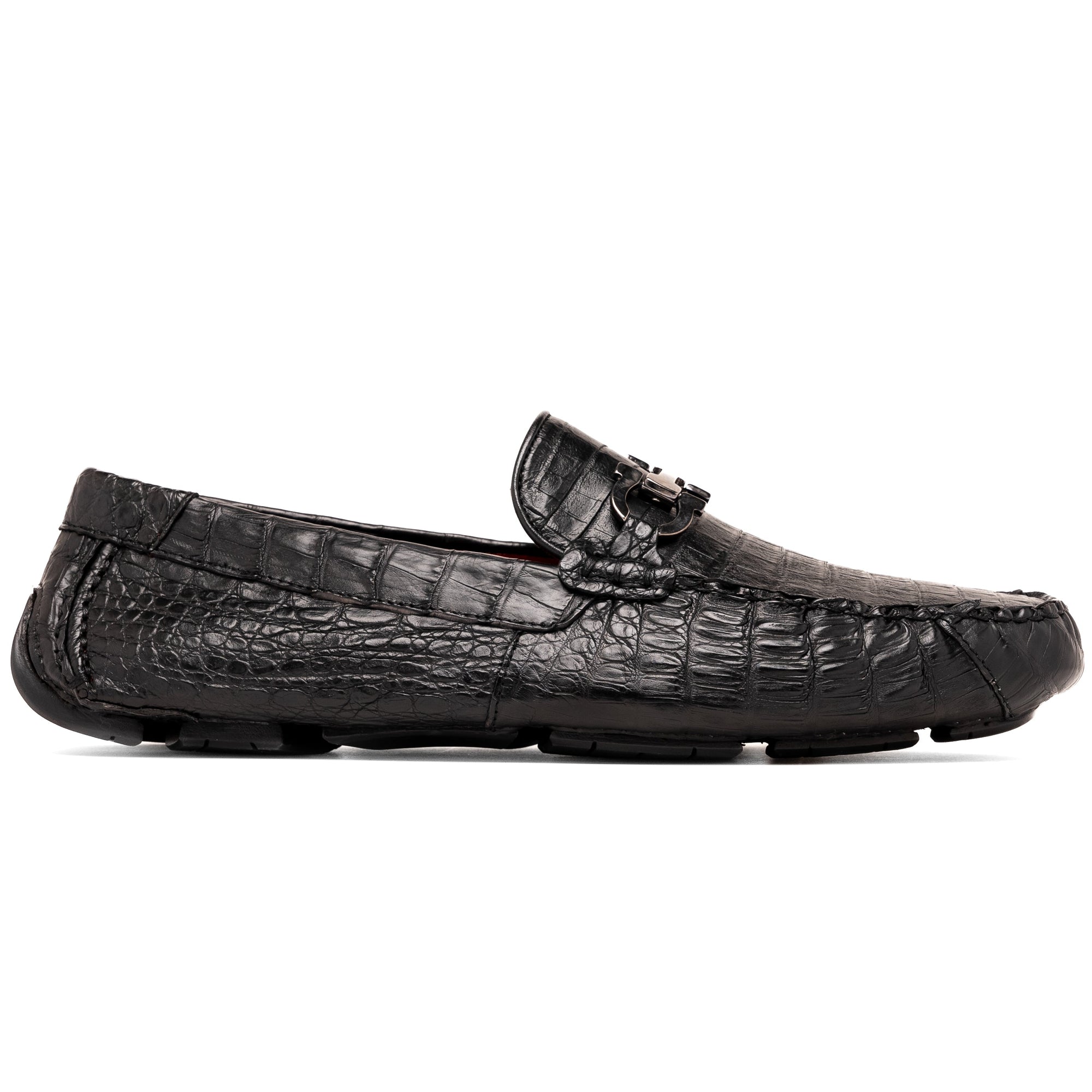 Parma Genuine Caiman Belly Slip On Driving Loafers  Black