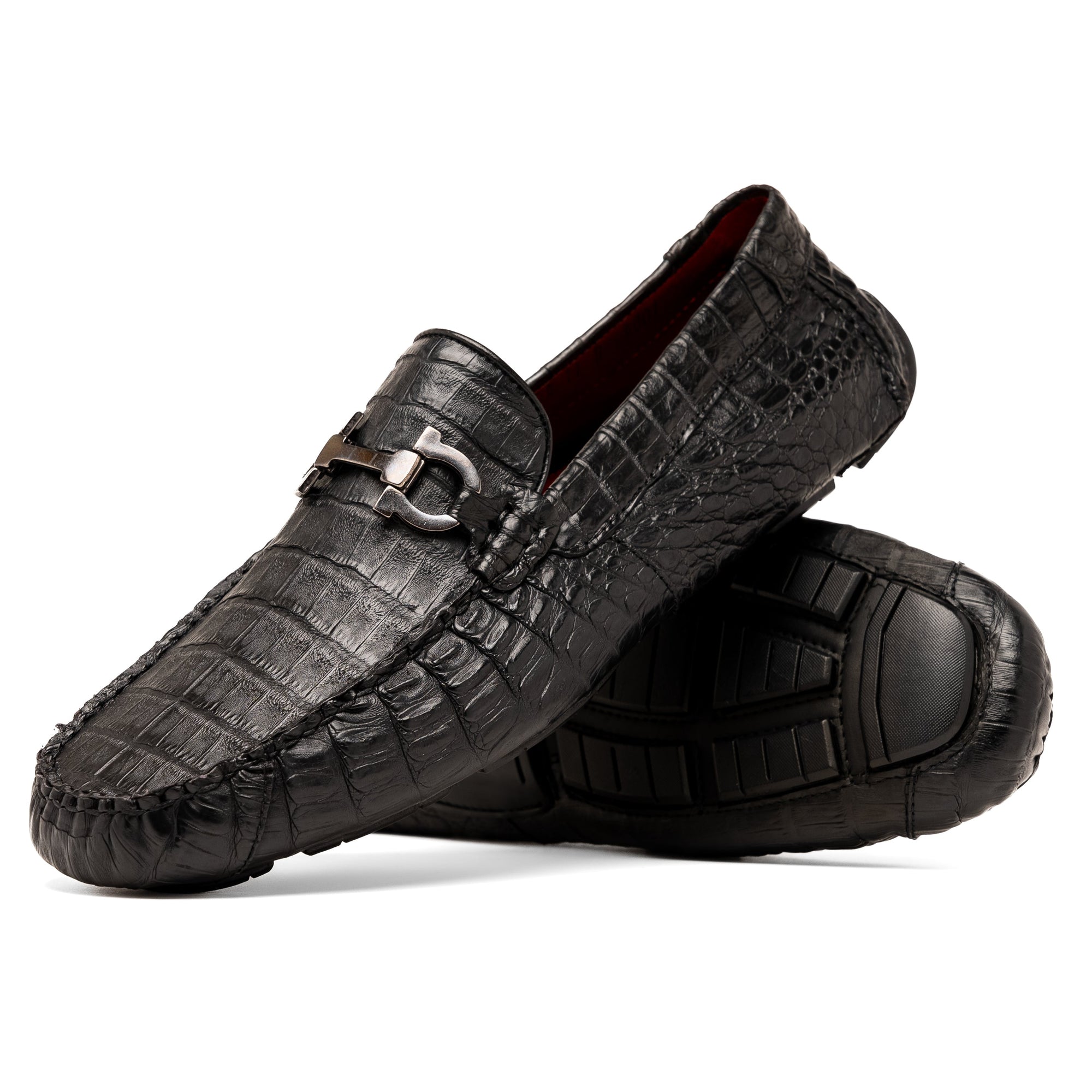 Parma Genuine Caiman Belly Slip On Driving Loafers  Black