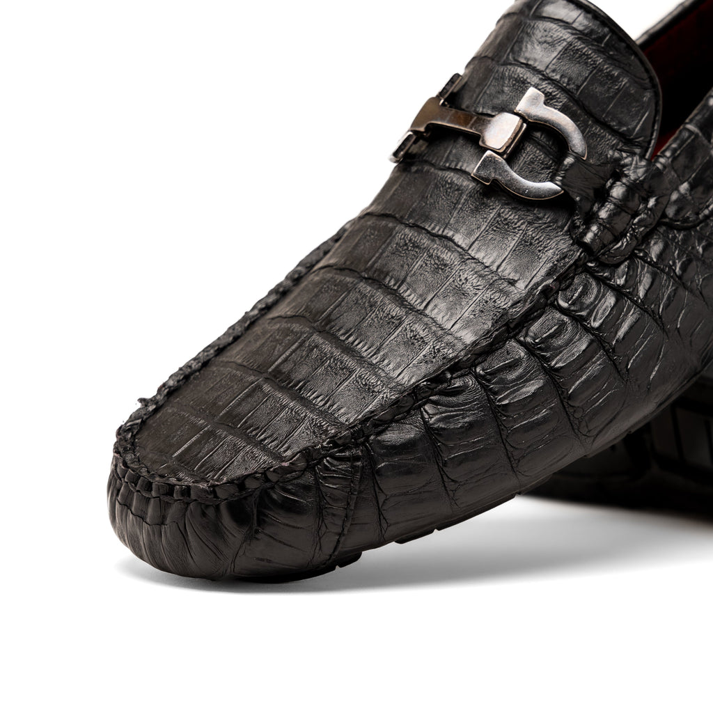 Parma Genuine Caiman Belly Slip On Driving Loafers  Black