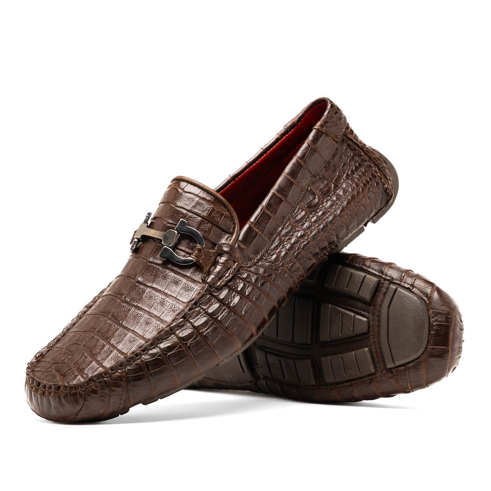 Parma Genuine Caiman Belly Slip On Bit Driving Loafers Brown