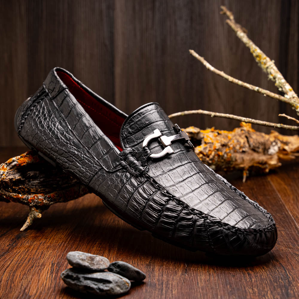 Parma Genuine Caiman Belly Slip On Driving Loafers  Black