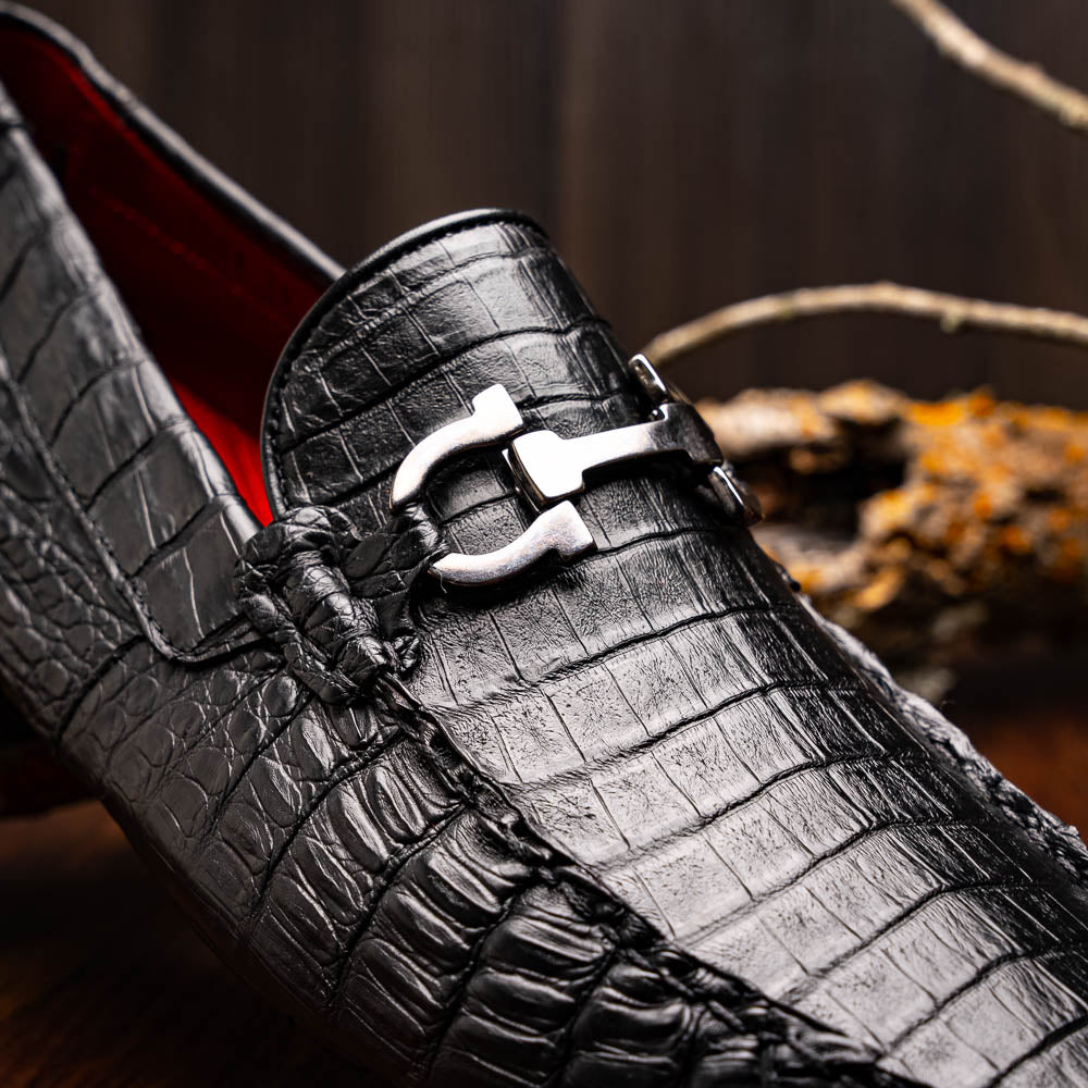 Parma Genuine Caiman Belly Slip On Driving Loafers  Black