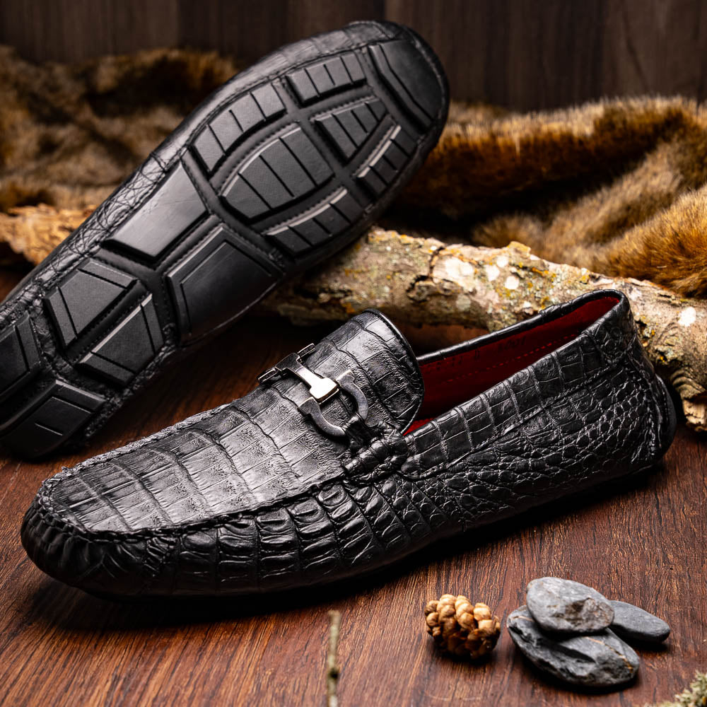 Parma Genuine Caiman Belly Slip On Driving Loafers  Black