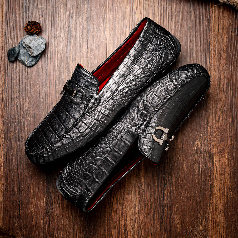 Parma Genuine Caiman Belly Slip On Driving Loafers  Black