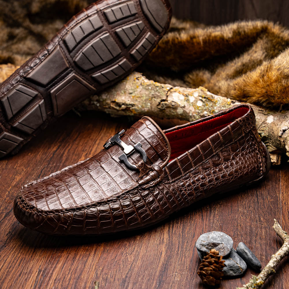 Parma Genuine Caiman Belly Slip On Bit Driving Loafers Brown