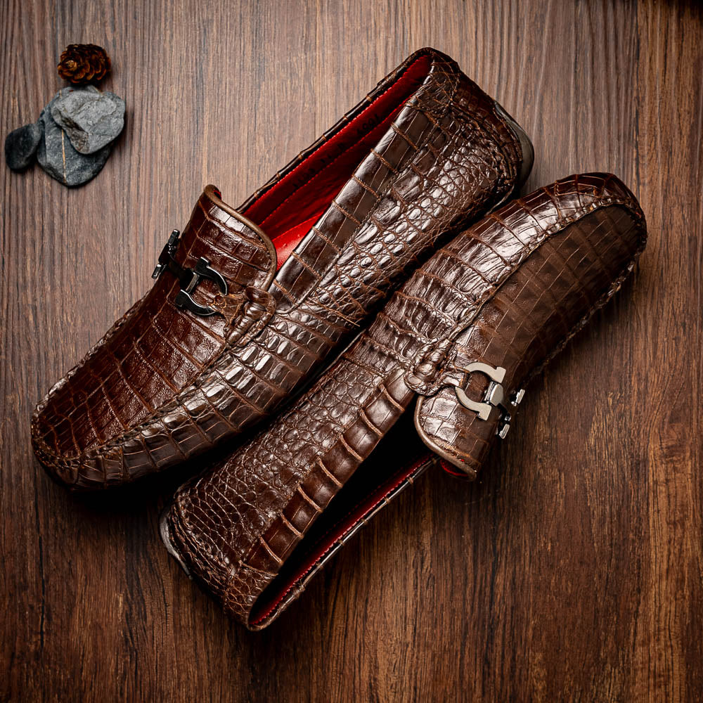 Parma Genuine Caiman Belly Slip On Bit Driving Loafers Brown