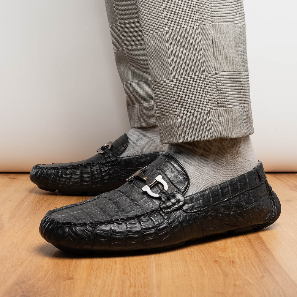 Parma Genuine Caiman Belly Slip On Driving Loafers  Black