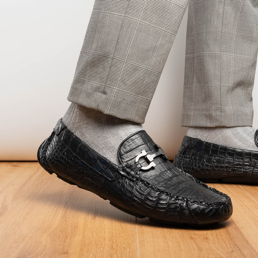 Parma Genuine Caiman Belly Slip On Driving Loafers  Black