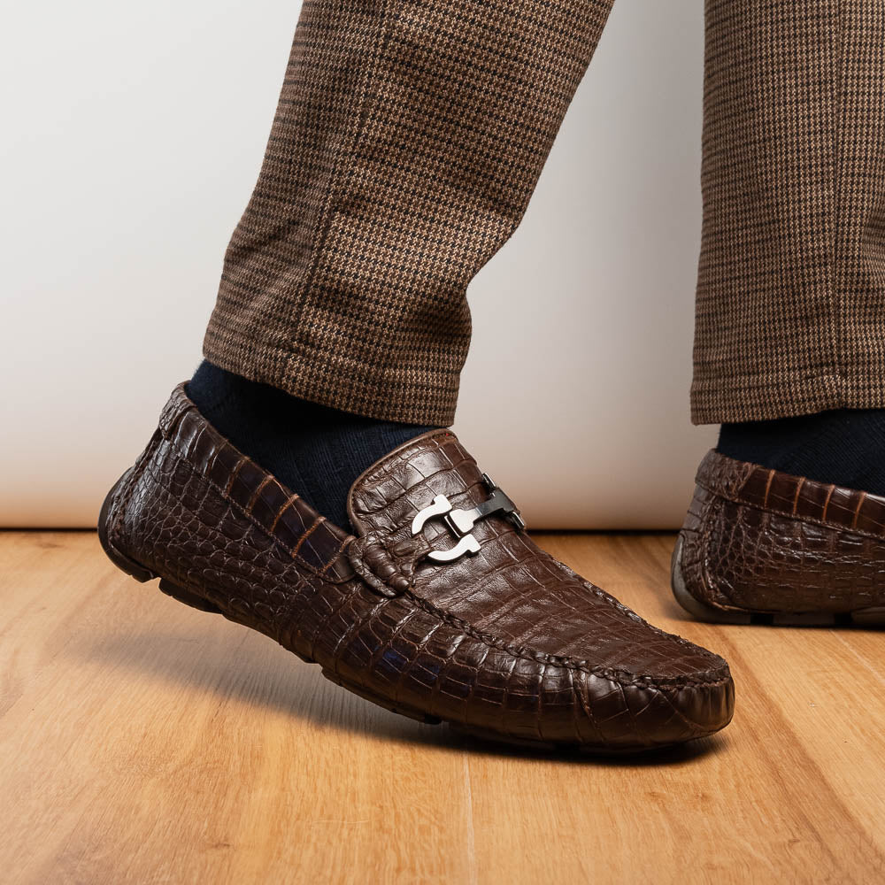 Parma Genuine Caiman Belly Slip On Bit Driving Loafers Brown