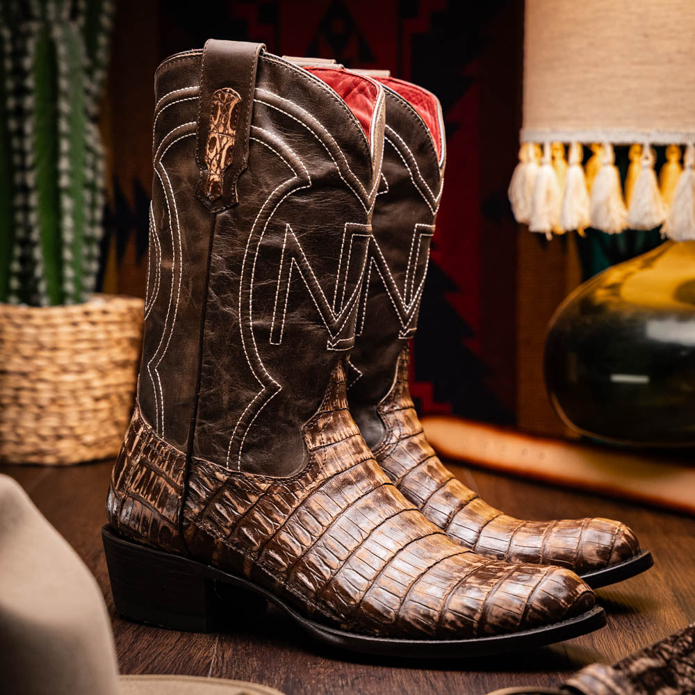 Marco Di Milano Genuine Caiman Belly Skin Cowboy Boot Phoenix Stone Brown