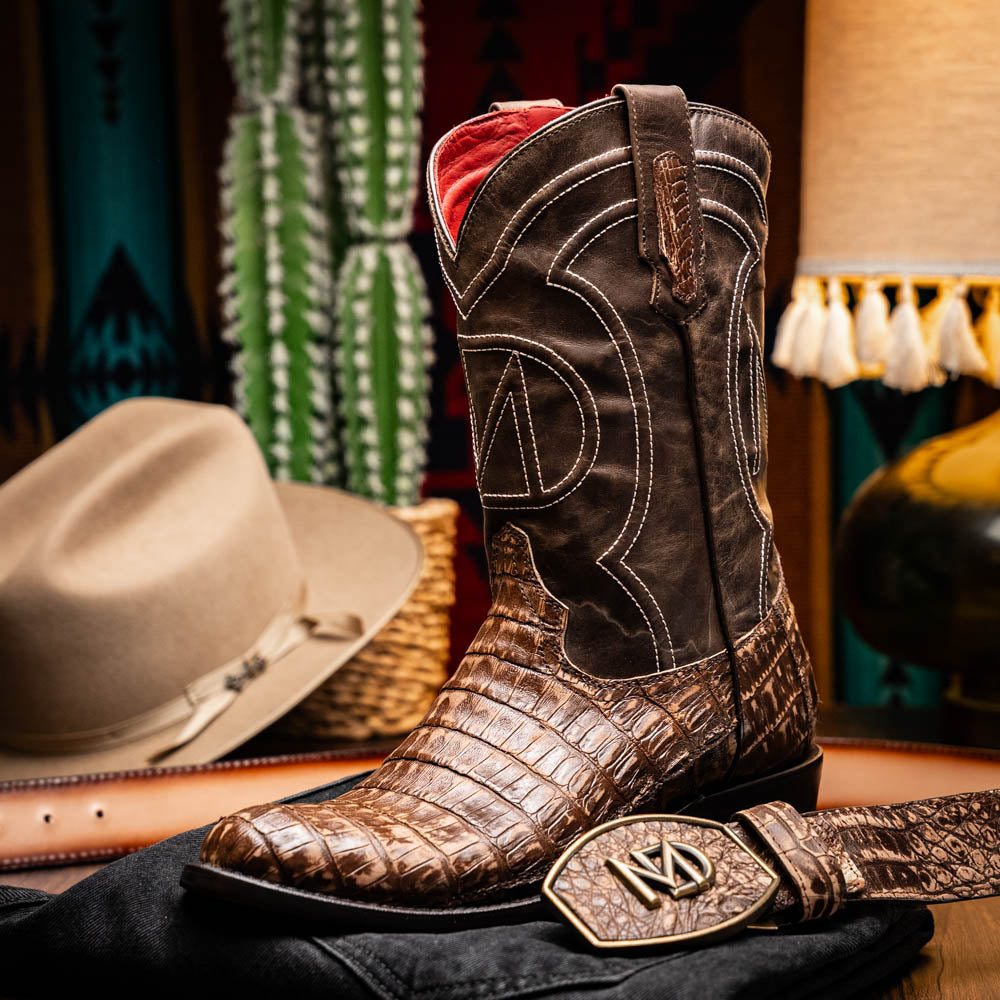 Marco Di Milano Genuine Caiman Belly Skin Cowboy Boot Phoenix Stone Brown