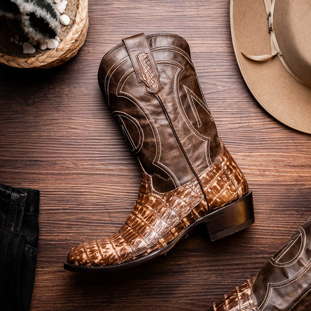 Marco Di Milano Genuine Caiman Belly Skin Cowboy Boot Phoenix Stone Brown