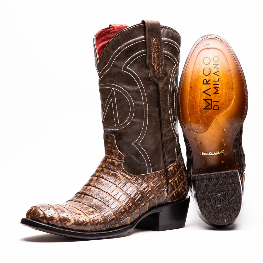 Marco Di Milano Genuine Caiman Belly Skin Cowboy Boot Phoenix Stone Brown