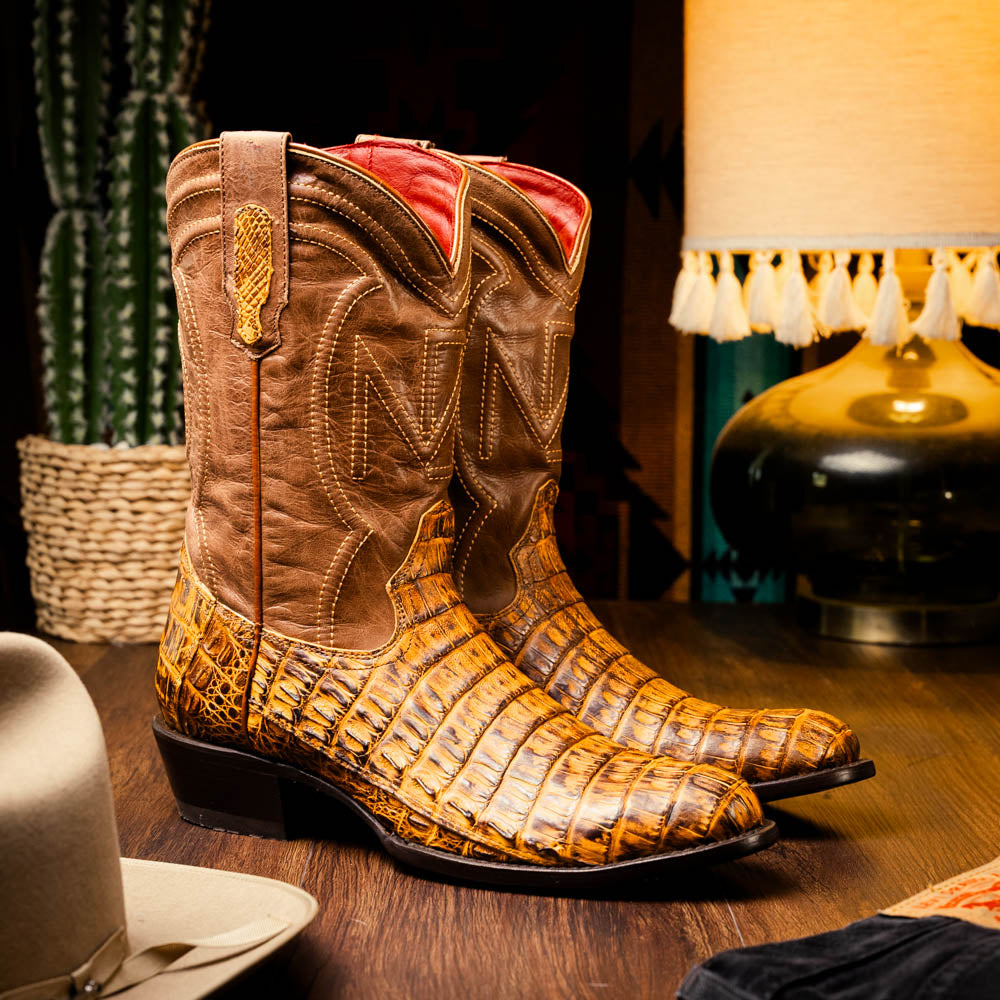Marco Di Milano Genuine Caiman Belly Skin Cowboy Boot phoenix Mustard Brown
