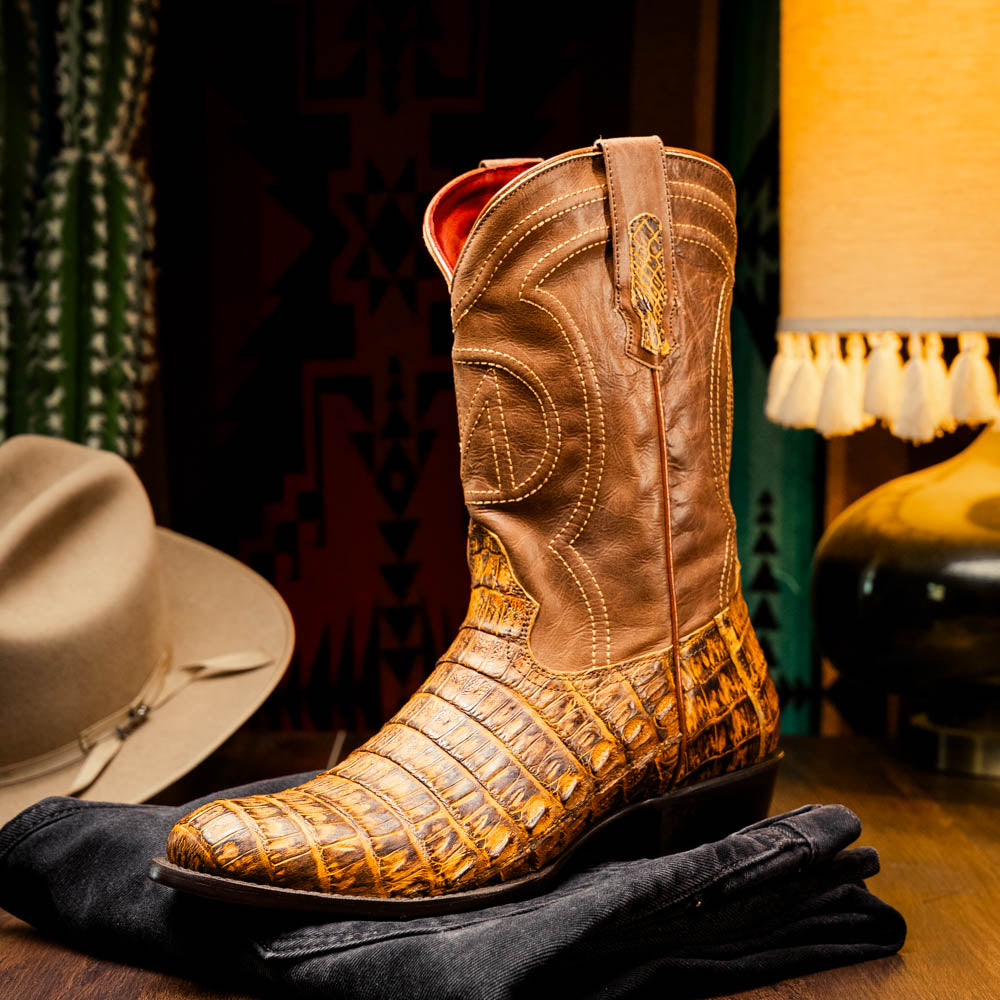 Marco Di Milano Genuine Caiman Belly Skin Cowboy Boot phoenix Mustard Brown