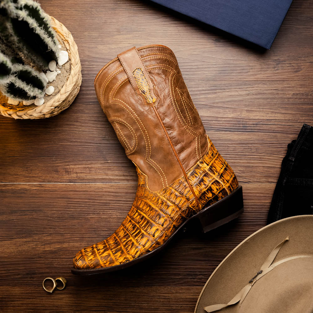 Marco Di Milano Genuine Caiman Belly Skin Cowboy Boot phoenix Mustard Brown